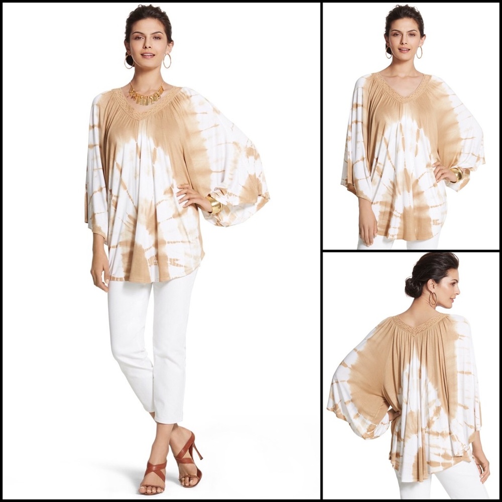 Chico’s Tie Dye Crochet Lace Neckline Flowy Bubble Sleeve Blouse